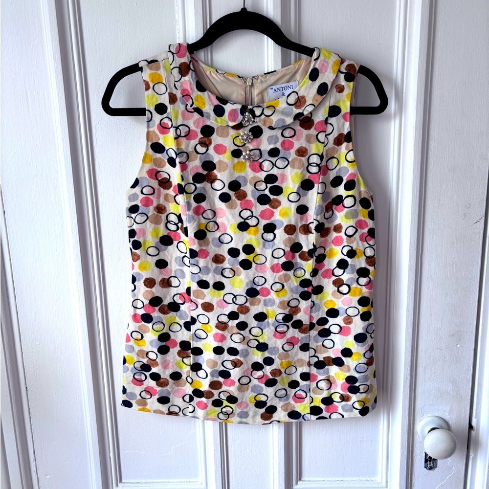 Antoni & Alison Linen Collared Polka Dot Lined Sleeveless Back Zip Blouse Size 6